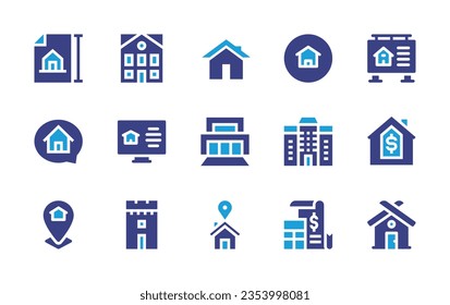 Icon für Immobilien gesetzt. Duotonfarbe. Vektorgrafik. Mit Projekt, Haus, Haus, Immobilien, Plafond, Villa, Wohnungen, Lage, Turm, Standort Pin, Grundstück.