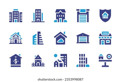 Juego de iconos de bienes raíces. Color de duotona. Ilustración vectorial. Consta de apartamento, casa, garaje, seguro, madera, apartamentos, casa inteligente, agencia, compra, edificio de la ciudad, precio de la casa.