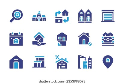 Real estate icon set. Duotone color. Vector illustration. Containing real estate, parliament, refinancing, twin, garage, housing, mortgage, basement, no home, income, home, house, crane, pin.