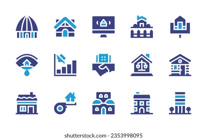 Real estate icon set. Duotone color. Vector illustration. Containing house, wooden house, real estate, crying, graph, deal, wood cabin, dimension, apartment.