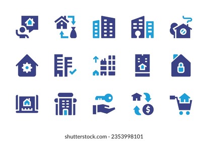 Real estate icon set. Duotone color. Vector illustration. Containing realtor, buy home, city building, no house, smarthome, apartments, real estate, plan, building, closing, investment, sale.