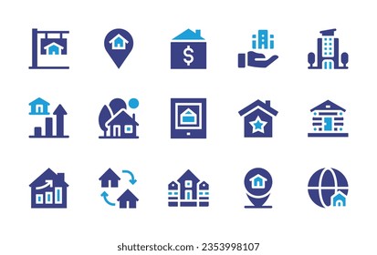 Real estate icon set. Duotone color. Vector illustration. Containing property, location pin, real estate, penthouse, price growth, house, best property, cabin, growing, exchange, ranch, location.