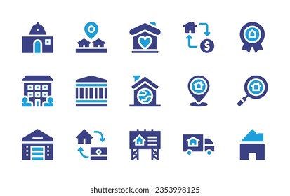 Real estate icon set. Duotone color. Vector illustration. Containing house, placeholder, love, transaction, prize, diplomatic, home, search, warehouse, buy, real estate.