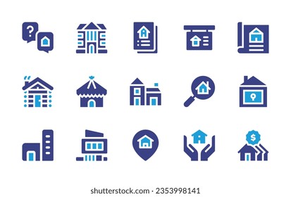 Icon für Immobilien gesetzt. Duotonfarbe. Vektorgrafik. Enthält Träume, Herrenhaus, Broschüre, Immobilien, Immobilien, Hütte, Ferienhaus, Haus, Scheck, Wohnung, Lage, Erbschaft, Wohngebiet.