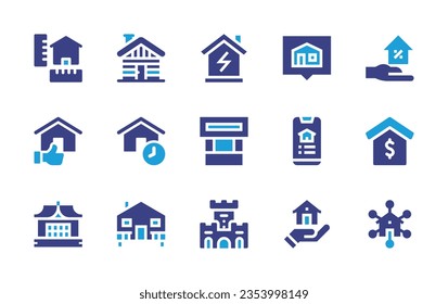 Real estate icon set. Duotone color. Vector illustration. Containing home plan, cabin, efficient, house, home, kiosk, real estate, bungalow, castle, inheritance.