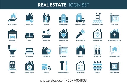 Real Estate icon set. Duotone and glyph style.