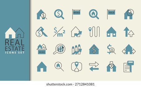 Conjunto de iconos de bienes raíces con símbolos de propiedad, casa, apartamento, inversión, hipoteca, arrendamiento y ubicación. Ideal para proyectos inmobiliarios, de vivienda y de construcción