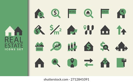 Conjunto de iconos de bienes raíces con símbolos de propiedad, casa, apartamento, inversión, hipoteca, arrendamiento y ubicación. Ideal para proyectos inmobiliarios, de vivienda y de construcción