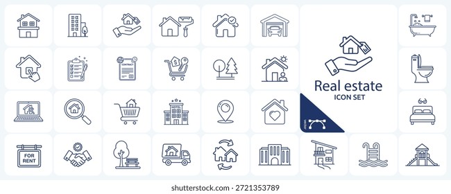 Conjunto de ícones imobiliários com propriedades, transações, tipos de construção, amenidades e elementos imobiliários relacionados