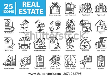 Real estate icon set featuring apartment, rental agreement, mortgage loan, property tax, foreclosure, broker, house hunting, property appraisal, and housing finance symbols.