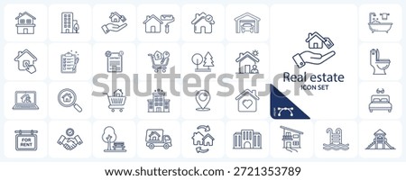 Real estate icon set featuring properties, transactions, building types, amenities, and related real estate elements