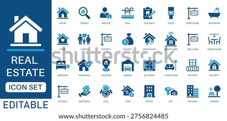 Real estate icon set. featuring property, house, home, key, rent, sale, mortgage, smart home, blueprint, building, location and more. Perfect for real estate apps, websites, and marketing.