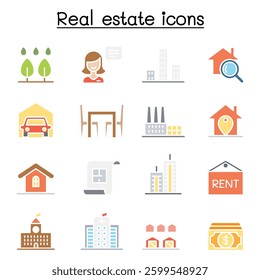 Real estate icon set in flat color style