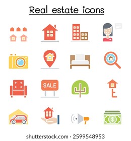 Real estate icon set in flat color style