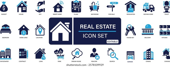 Real estate icon set home sale. Realtor, key, buy, sell, kitchen, bedroom, house. You can easily change the color.