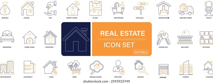 Real estate icon set home sale. Realtor, key, buy, sell, kitchen, bedroom, house. You can easily change the color