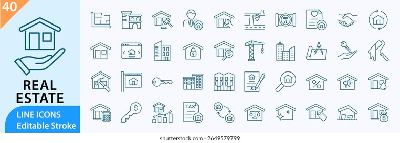 Real estate icon set. House line Icons. Containing house, key, and more. Line icon vector collection. editable stroke.