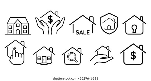 Ícone imobiliário definido para habitação venda aluguel investimento segurança propriedade pesquisa hipoteca casa propriedade vetor ilustração edifício pacote isolado.