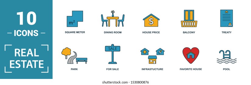Real Estate icon set. Include creative elements for sale, rent sign, house location, living room, elevator icons. Can be used for report, presentation, diagram, web design.