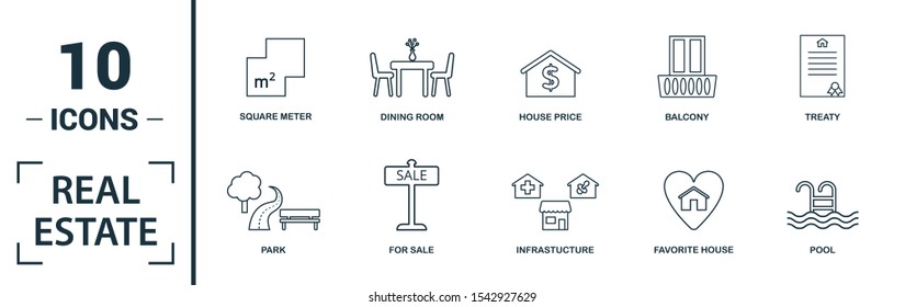 Real Estate icon set. Include creative elements for sale, rent sign, house location, living room, elevator icons. Can be used for report, presentation, diagram, web design.