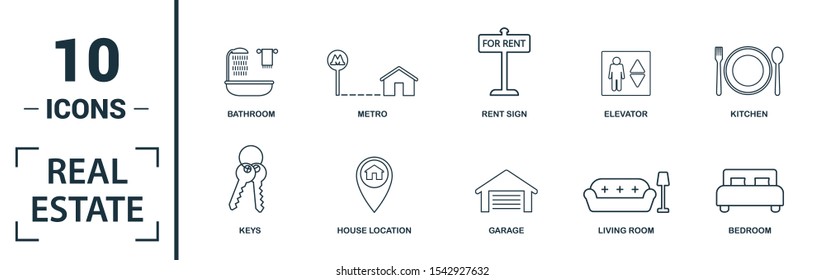 Real Estate icon set. Include creative elements for sale, rent sign, house location, living room, elevator icons. Can be used for report, presentation, diagram, web design.