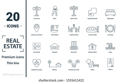 Real Estate icon set. Include creative elements for sale, rent sign, house location, living room, elevator icons. Can be used for report, presentation, diagram, web design.