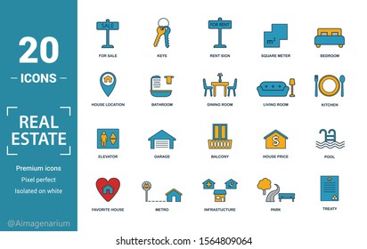 Real Estate icon set. Include creative elements for sale, rent sign, house location, living room, elevator icons. Can be used for report, presentation, diagram, web design.