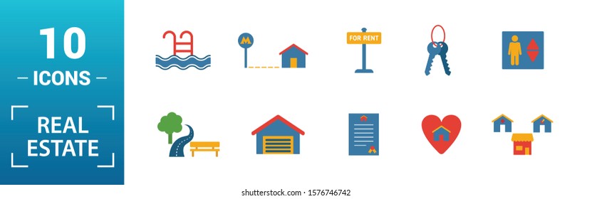 Real Estate icon set. Include creative elements for sale, rent sign, house location, living room, elevator icons. Can be used for report, presentation, diagram, web design.