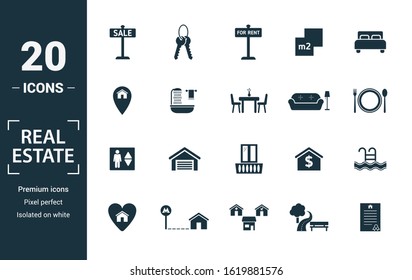 Real Estate icon set. Include creative elements for sale, rent sign, house location, living room, elevator icons. Can be used for report, presentation, diagram, web design.