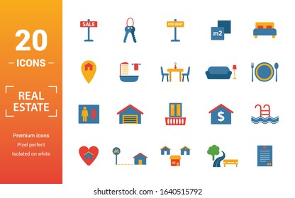 Real Estate icon set. Include creative elements for sale, rent sign, house location, living room, elevator icons. Can be used for report, presentation, diagram, web design.