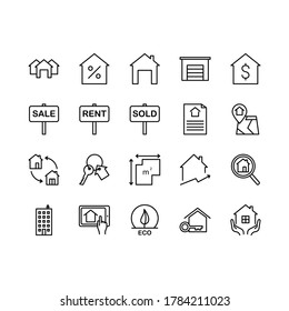 Real Estate icon set. Includes such as sIcons as a house, apartment, keys, garage, cottage, house layout, contract, residential building. Editable stroke.