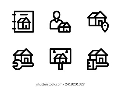 Real estate icon set including catalogue, property agent, house location, renovation, billboard, and paint.