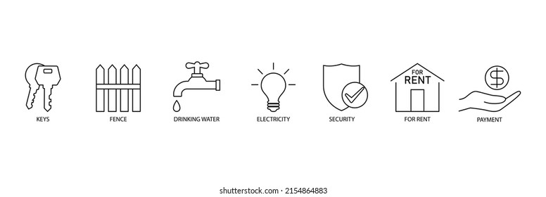 real estate icon set keys, fence, drinking water, electricity, security, for rent, payment