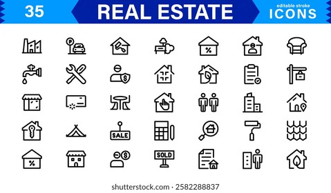 Real Estate Icon Set with Modern, Minimal, and Scalable Vector Icons for Property, Housing, Architecture, UI, Web, Mobile, and Graphic Design