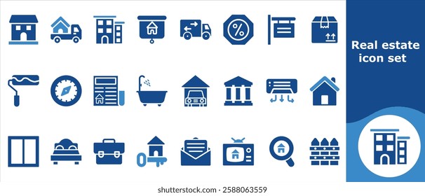 Real estate icon set, office, realtor, bathroom, calculator, blueprint, elevator, handshake, art, lined, web, selling, linear, wallet, drawer, icon, money, cooler, height, cabinet, apartment and more