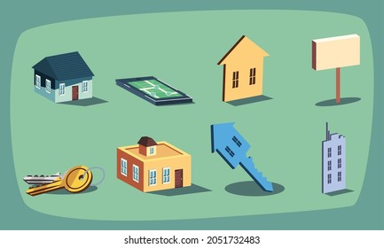 Real estate icon set on green background