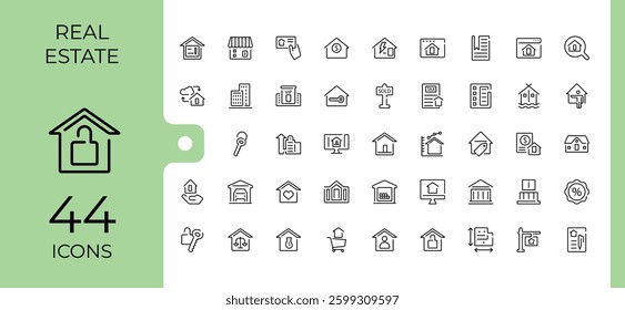 Real Estate icon set. Pack of building, home, apartment, construction, estate and more. Expanded stroke. Property modern icon. Editable vector art and illustration.