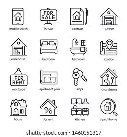 Real estate icon set, professional investment in buildings. Property image, land and the buildings. Vector line art  real estate illustration