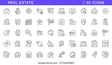 Real estate icon set. Property icons in line style. Editable web icons house, buying, renting, home, building, mortgage, address, renovation etc. Vector illustration.