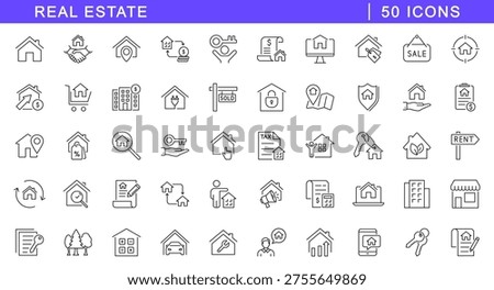 Real estate icon set. Property icons in line style. Editable web icons house, buying, renting, home, building, mortgage, address, renovation etc. Vector illustration.