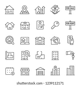 Real estate, icon set. Purchase and sale of housing, rental of premises, linear icons. Line with editable stroke