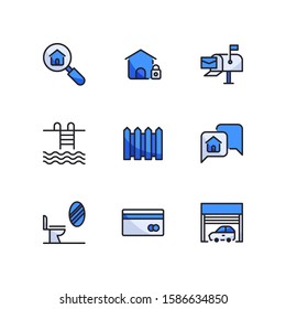 Real Estate icon set = search home, home locked, inbox, swimming pool, fence, chat, bathroom, credit card, garage