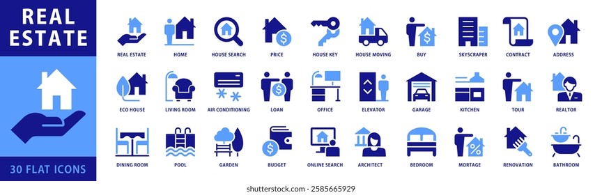 Real estate icon set. With Symbols like address, house, key, contract, smart home, building, contract, renovation, realtor, kitchen, bedroom, living room, bathroom. Dual Color Blue icon vector set