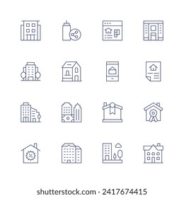 Real estate icon set. Thin line icon. Editable stroke. Containing condominium, city, house, apartments, realestate, building, flats, property, houserules.