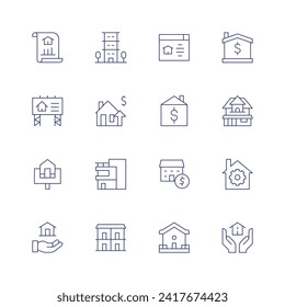 Real estate icon set. Thin line icon. Editable stroke. Containing condominium, apartments, realestate, modern, valuation, house, home, property, classichouse, inheritance.