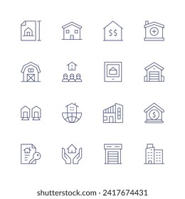 Real estate icon set. Thin line icon. Editable stroke. Containing house, project, inheritance, barn, realestate, mortgage, neighborhood, garage, modernhouse, property, apartment, value.