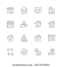 Real estate icon set. Thin line icon. Editable stroke. Containing shakinghands, house, building, realestate, location, bestproperty, installment, success, houseforsale.