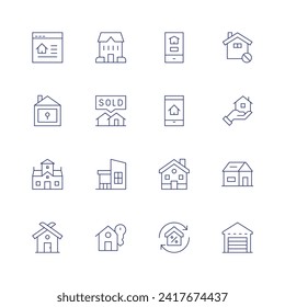 Real estate icon set. Thin line icon. Editable stroke. Containing house, sold, buyhome, realestate, mansion, home, refinance, mortgage, garage.