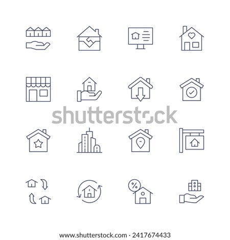 Real estate icon set. Thin line icon. Editable stroke. Containing shakinghands, house, building, realestate, location, bestproperty, installment, success, houseforsale.
