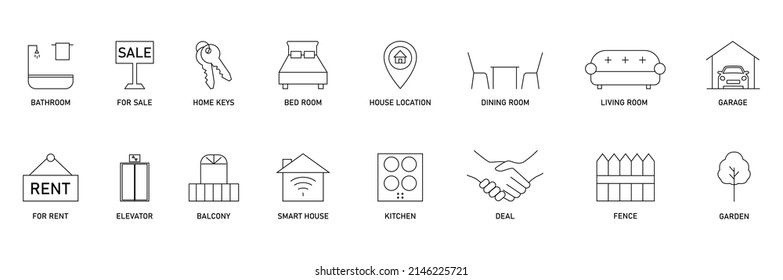 icono inmobiliario set ilustración vector baño, venta, llaves, dormitorio, casa, comedor, sala de estar, garaje, alquiler, ascensor, balcón, valla, jardín, cocina, casa inteligente